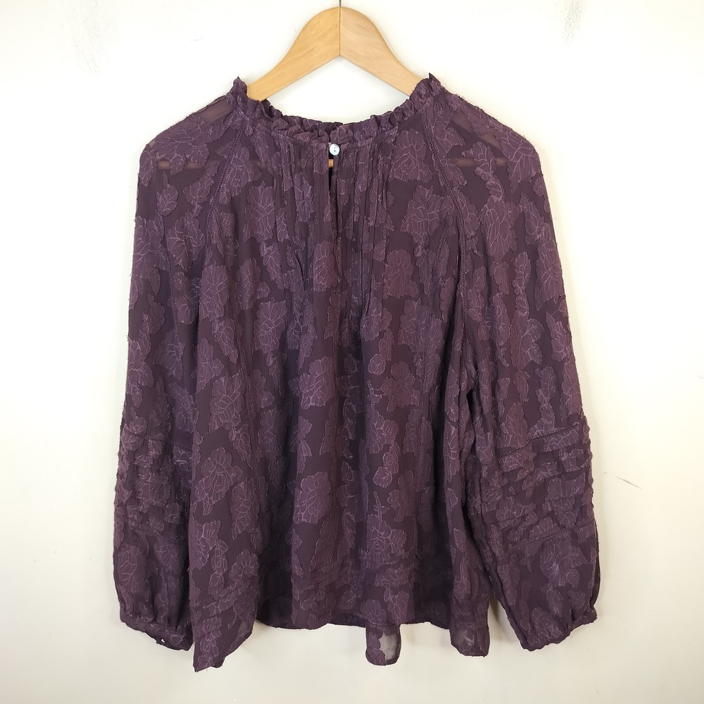 J Jill Purple Floral Burnout Blouse Petite L Ruffle Neck Dark Romantic Goth Boho